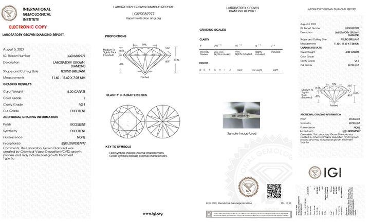 IGI Certified 6.00 CT Round Lab-Grown Diamond, VS1 Clarity, I Color