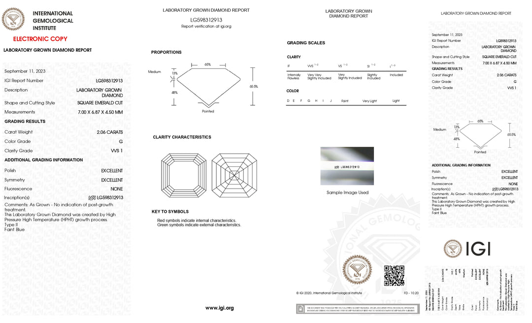 Diamante cultivado en laboratorio de talla esmeralda cuadrada de 2,06 quilates con certificación IGI: claridad VVS1, color G