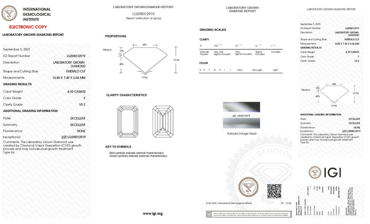 Diamant cultivé en laboratoire certifié IGI 4,39 CT taille émeraude - Clarté VS2, couleur F