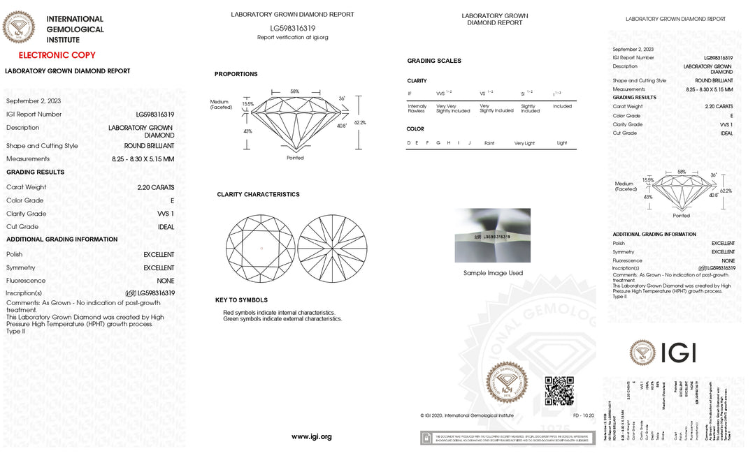 Diamant cultivé en laboratoire de taille ronde certifié IGI de 2,20 ct - Clarté VVS1, couleur E, excellente coupe