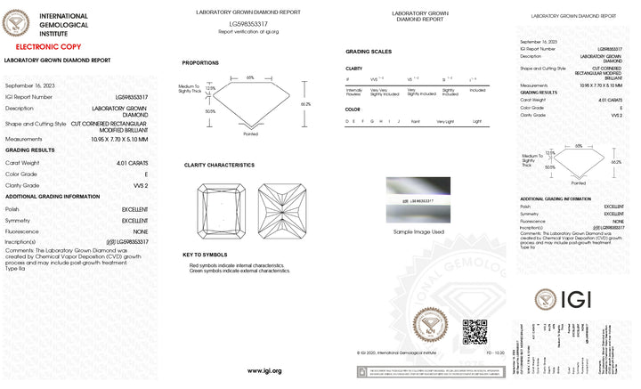 IGI Certified 4.01 CT Radiant Cut Lab-Grown Diamond, VVS2 Clarity, E Color