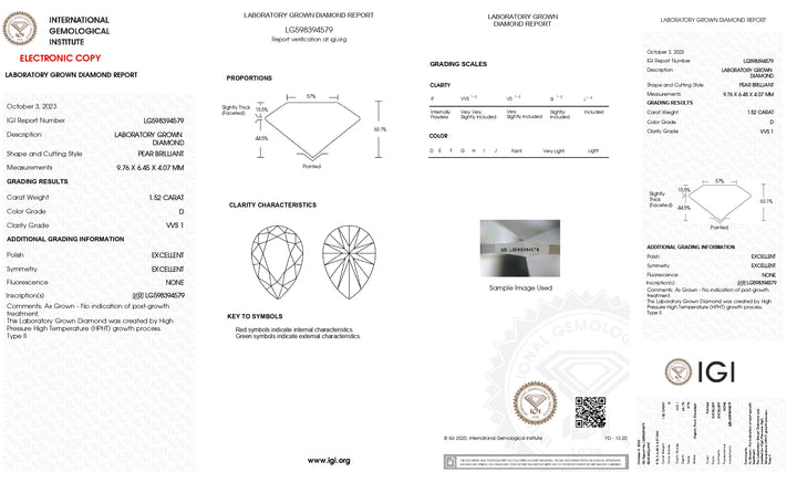 Diamant cultivé en laboratoire certifié IGI 1,52 CT taille poire - Clarté VVS1, couleur D