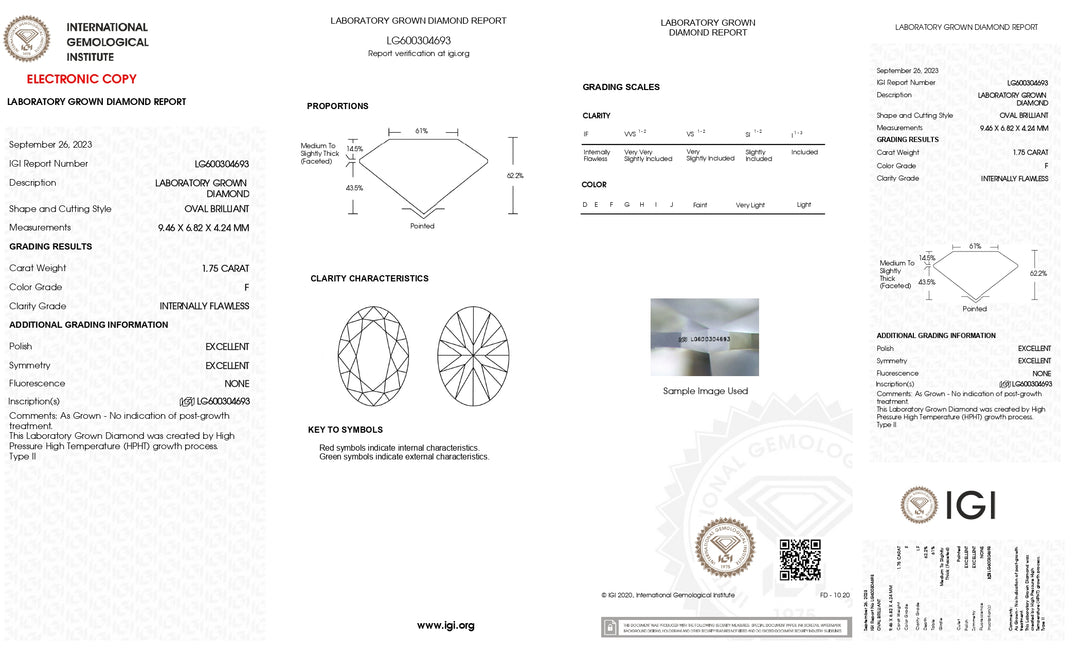 Diamant cultivé en laboratoire de taille ovale de 1,75 CT certifié IGI - Clarté IF, couleur F