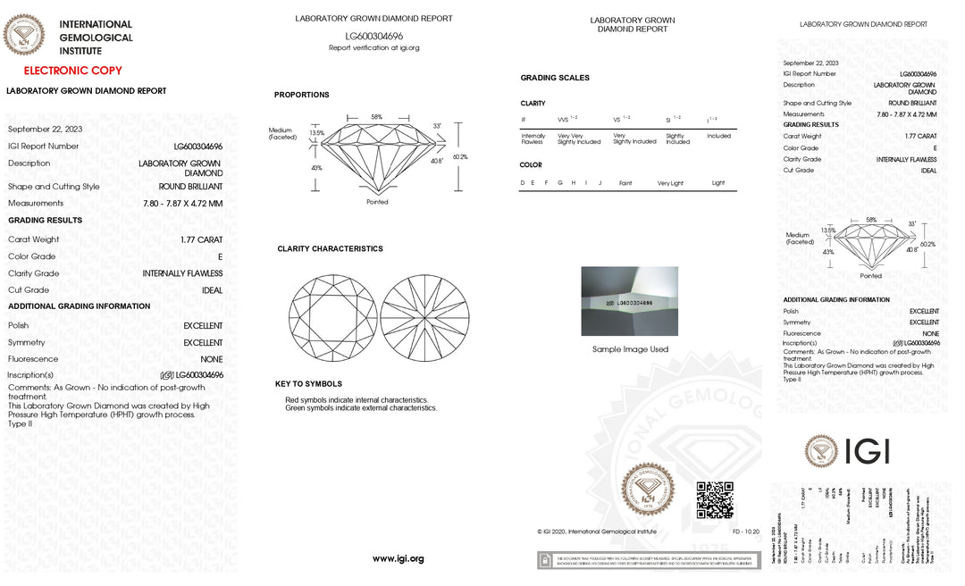 IGI Certified 1.77 Carat Round Cut Lab-Grown Diamond - IF Clarity, E Color