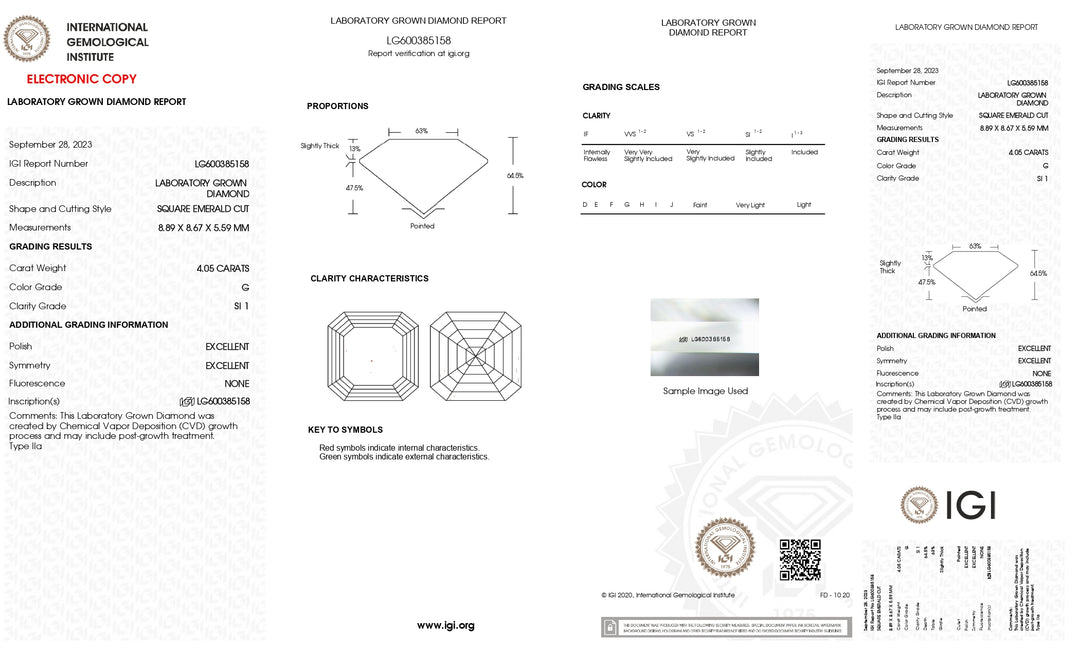 IGI Certified 4.05 CT Square Emerald Cut Lab Grown Diamond - G Color, SI1 Clarity