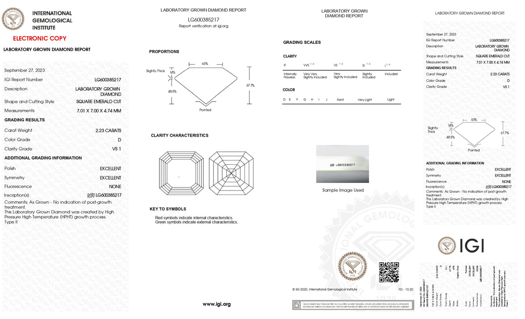 Diamante cultivado en laboratorio de talla esmeralda cuadrada de 2,23 quilates con certificación IGI: claridad VS1, color D