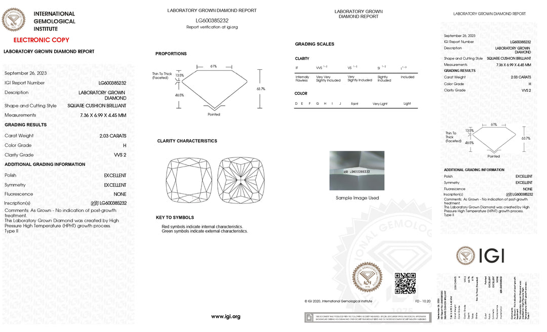 IGI Certified 2.03 CT Cushion Cut Lab-Grown Diamond (H Color, VVS2 Clarity)