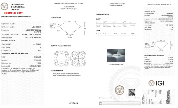 IGI Certified 11.51 CT Cushion Brilliant Cut Lab-Grown Diamond - VS2 Clarity, E Color