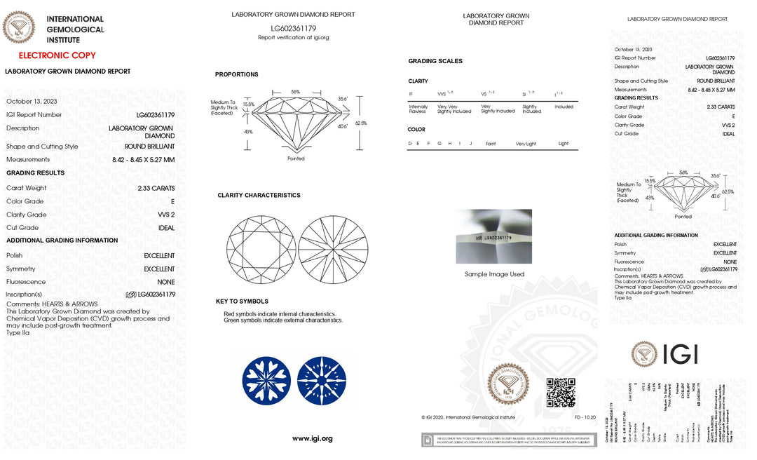 IGI Certified 2.33 CT Round Lab-Grown Diamond - E Color, VVS2 Clarity, Ideal Cut