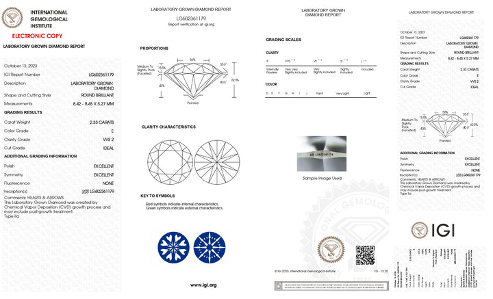 IGI Certified 2.33 CT Round Lab-Grown Diamond - E Color, VVS2 Clarity, Ideal Cut