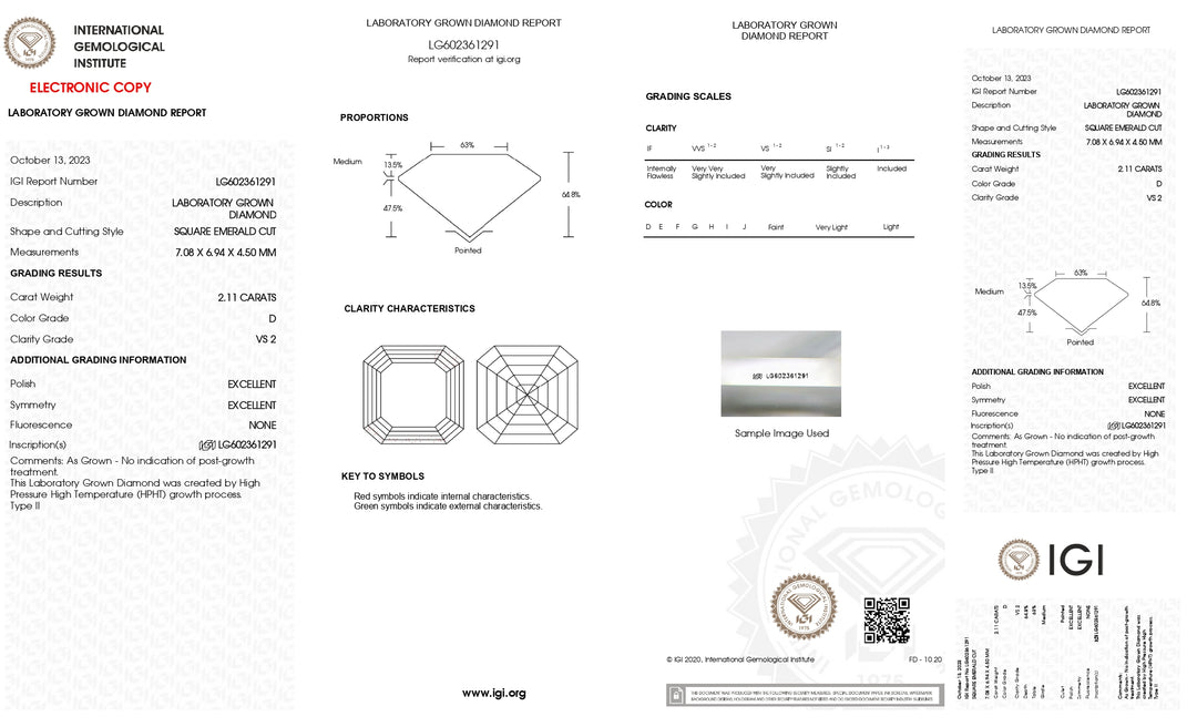 Diamant cultivé en laboratoire, taille émeraude carrée de 2,11 ct certifié IGI - Clarté VS2, couleur D