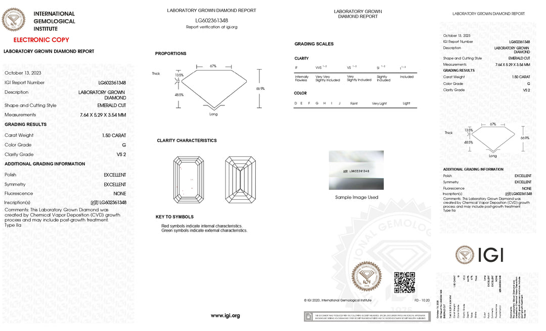 Diamante cultivado en laboratorio de talla esmeralda de 1,50 quilates, color G, con certificación IGI y claridad VS2