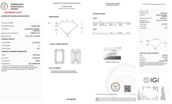 Diamante cultivado en laboratorio de talla esmeralda de 1,50 quilates, color G, con certificación IGI y claridad VS2