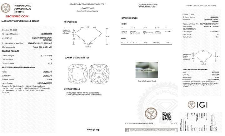 IGI Certified 3.11 CT Cushion Cut Lab-Grown Diamond - H Color, VS2 Clarity