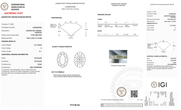 IGI Certified 1.67 Carat Oval Cut Lab-Grown Diamond - H Color, SI1 Clarity