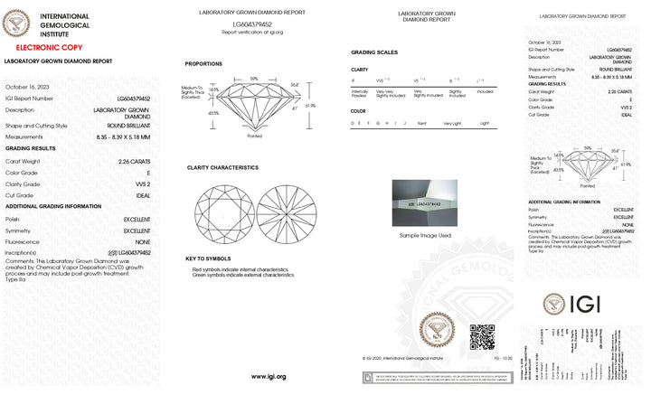 IGI Certified 2.26 CT Round Lab-Grown Diamond - E Color, VVS2 Clarity, Excellent Cut