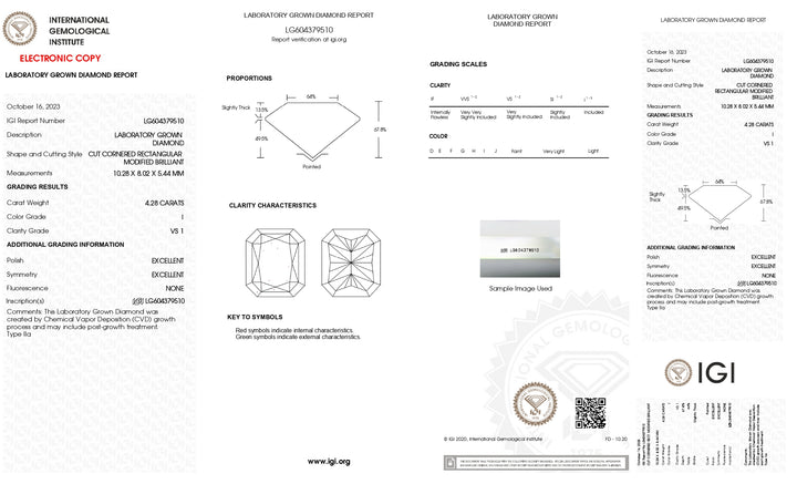 Exquisite IGI Certified 4.28 CT Radiant Cut Lab Grown Diamond - VS1 Clarity, Color Grade I