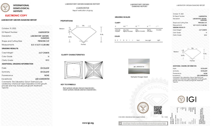 IGI Certified 3.67 CT Princess Cut Lab-Grown Diamond - VS2 Clarity, H Color