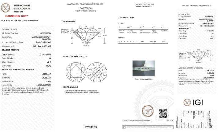 Diamant cultivé en laboratoire de 3,24 ct certifié IGI - Clarté VS2, couleur G