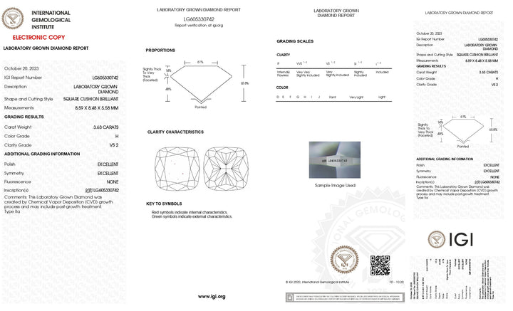 IGI Certified 3.63 CT Cushion Cut Lab-Grown Diamond - H Color, VS2 Clarity