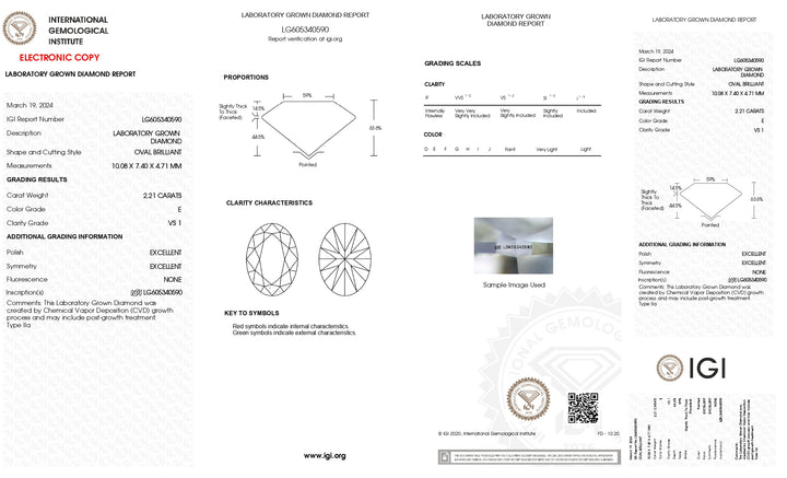 IGI Certified 2.21 CT Oval Cut Lab Grown Diamond - VS1 Clarity, E Color