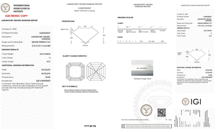 Diamante cultivado en laboratorio de talla esmeralda cuadrada de 4,00 quilates con certificación IGI: color H, claridad VS2