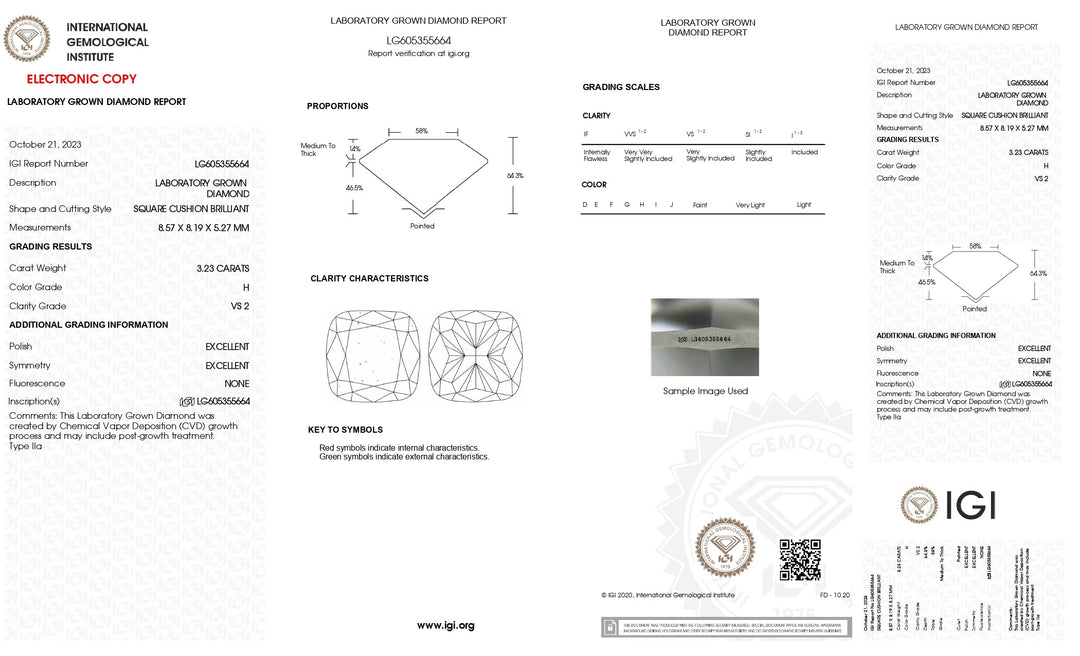 IGI Certified 3.23 CT Cushion Cut Lab-Grown Diamond - H Color, VS2 Clarity