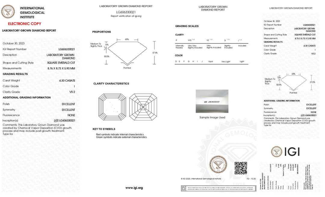 Diamante cultivado en laboratorio de talla esmeralda cuadrada de 4,30 quilates con certificación IGI (VS2, color I)