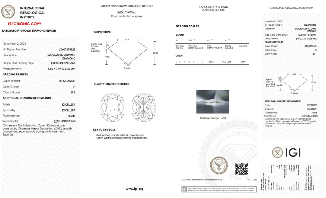 Diamant cultivé en laboratoire certifié IGI 3,05 CT taille coussin - Clarté SI1, couleur H