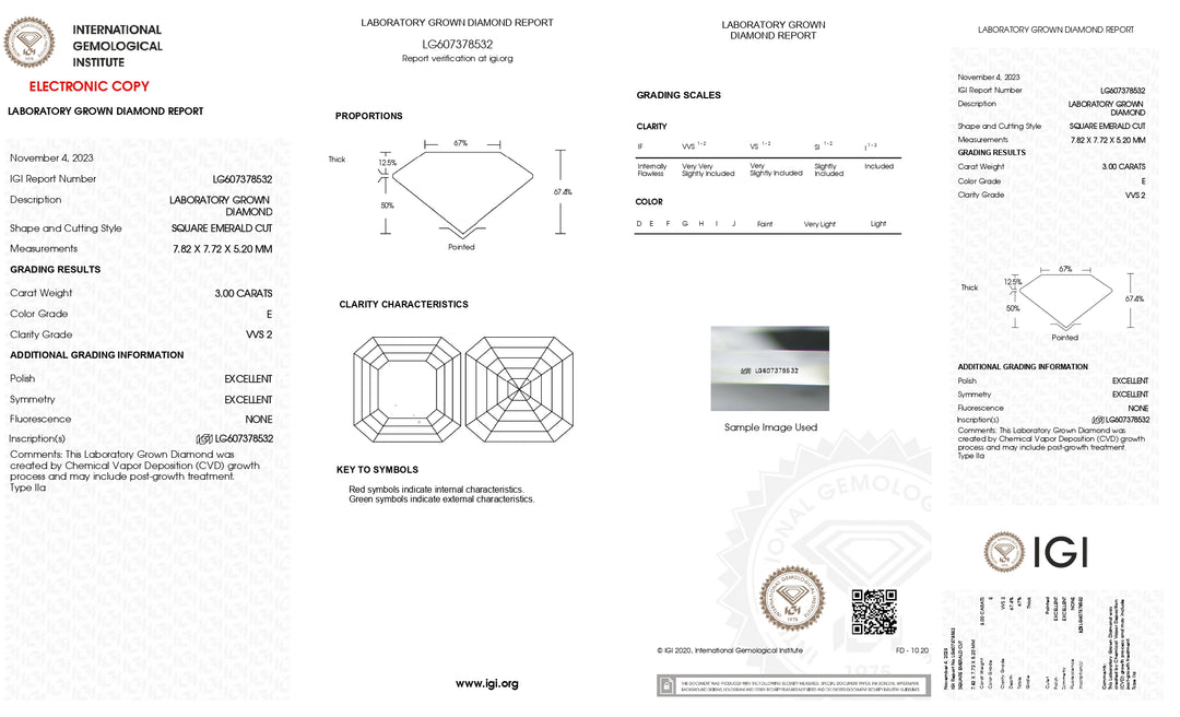 IGI Certified 3.00 CT Square Emerald Cut Lab-Grown Diamond: E Color, Stunning VVS2 Clarity