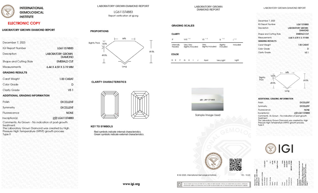 IGI Certified 1.00 CT Emerald Cut Lab Grown Diamond - Exquisite VS1 Clarity, D Color