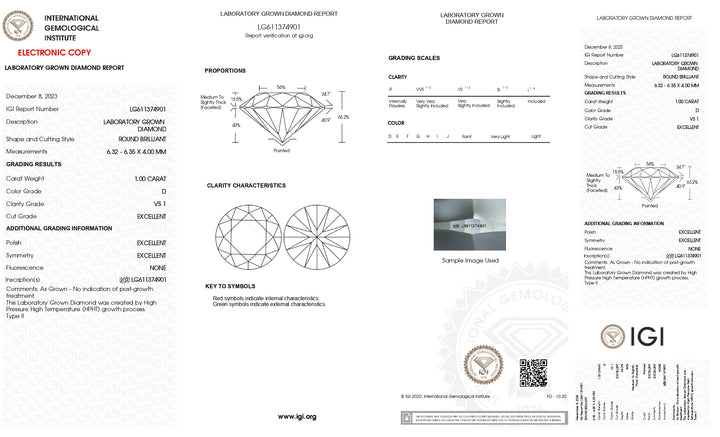 IGI Certified 1.00 CT Round Lab Grown Diamond - D Color, VS1 Clarity