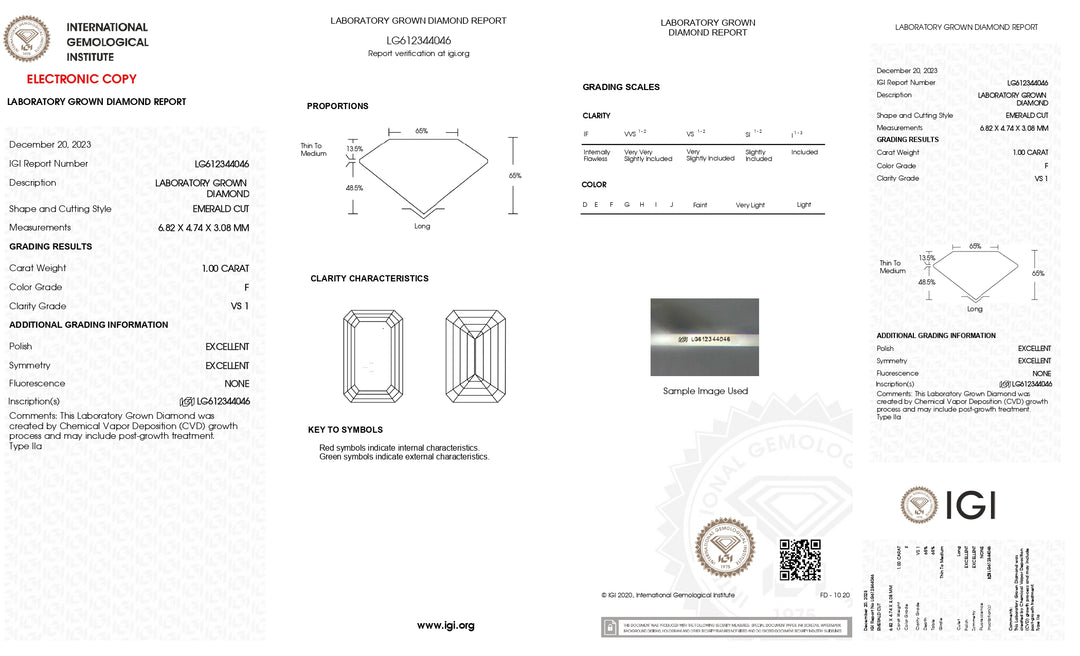 IGI Certified 1.00 CT Emerald Cut Lab Grown Diamond - Exquisite VS1 Clarity, Beautiful F Color