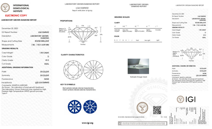 IGI Certified 1.90 Carat Round Cut Lab-Grown Diamond, D Color, VS2 Clarity, Ideal Cut