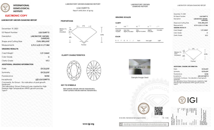 Diamante cultivado en laboratorio de talla ovalada de 1,27 quilates con certificación IGI: color D, claridad VS2