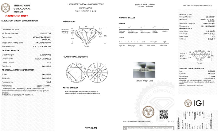 Diamant cultivé en laboratoire de 3,02 ct certifié IGI - Clarté VS2, couleur bleu vif fantaisie