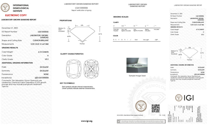 Radiant 4.10 CT Cushion Cut Lab-Grown Diamond: IGI Certified, VS2 Clarity, H Color