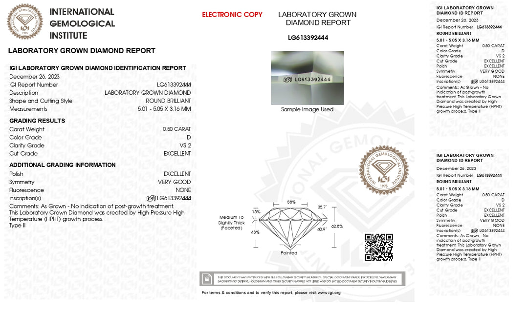 Diamante cultivado en laboratorio de talla redonda de 0,50 quilates con certificación IGI | Color D, claridad VS2 