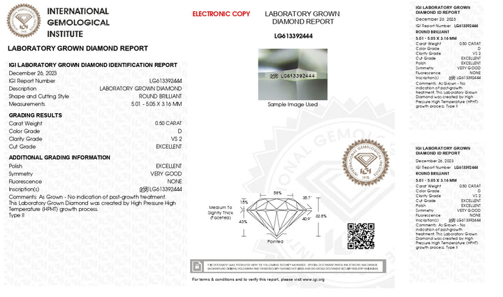 Diamante cultivado en laboratorio de talla redonda de 0,50 quilates con certificación IGI | Color D, claridad VS2 