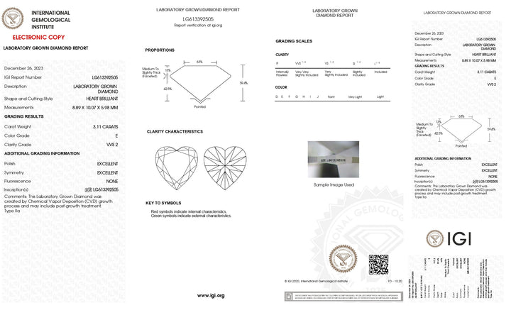 IGI Certified 3.11 CT Heart-Cut Lab-Grown Diamond - E Color, VVS2 Clarity