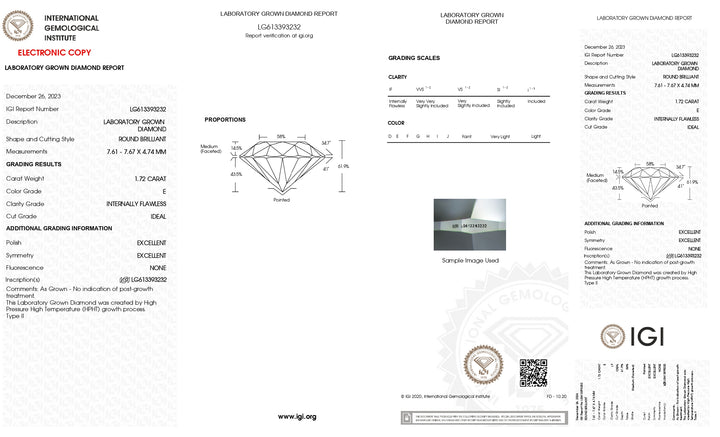 IGI Certified 1.72 Carat Round Cut Lab-Grown Diamond - IF Clarity, E Color