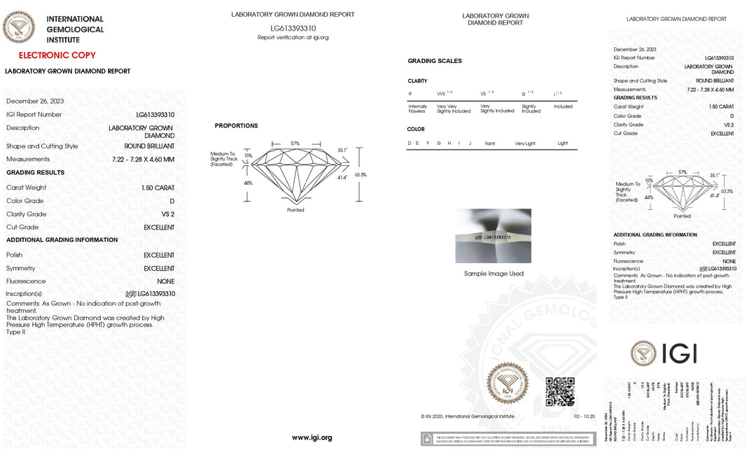 Diamant rond cultivé en laboratoire de 1,50 CT certifié IGI - Couleur D, clarté VS2