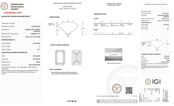 IGI Certified 1.00 CT Emerald Cut Lab Grown Diamond - Stunning VS1 Clarity, Elegant E Color