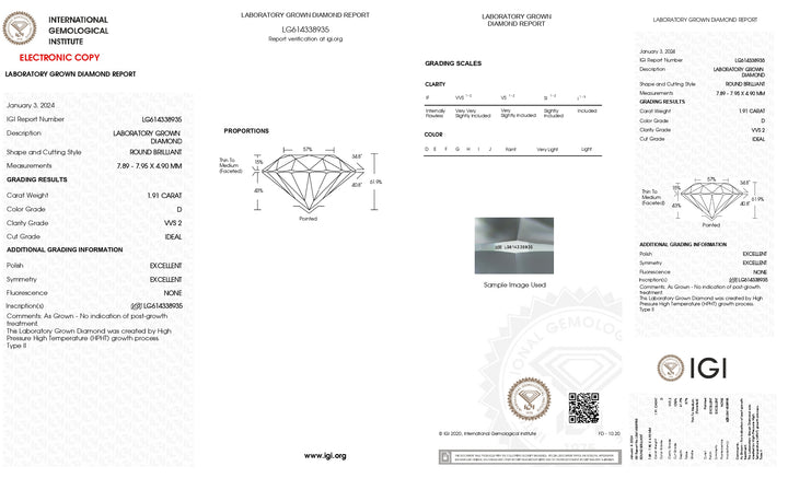 1.91 CT Round Cut Lab-Grown Diamond - IGI Certified, VVS2 Clarity, D Color