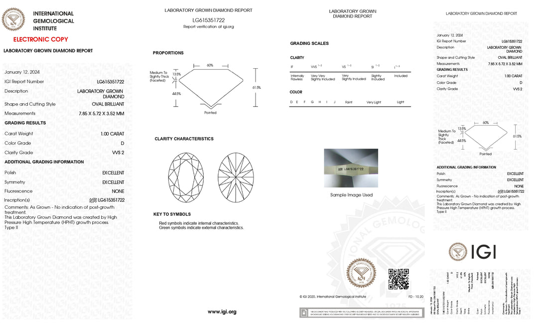 IGI Certified 1.00 CT Oval Cut Lab Grown Diamond - D Color, Flawless VVS2 Clarity