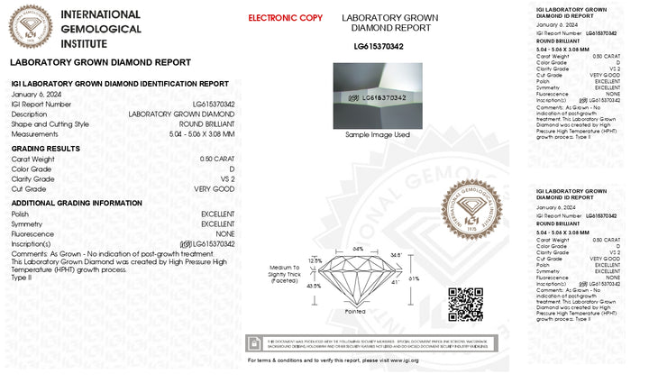 IGI Certified 0.50 CT Round Cut Lab-Grown Diamond | D Color, VS2 Clarity