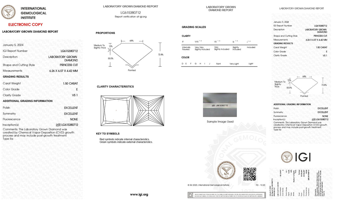 IGI Certified 1.50 CT Princess Cut Lab Grown Diamond - E Color, Exquisite VS1 Clarity