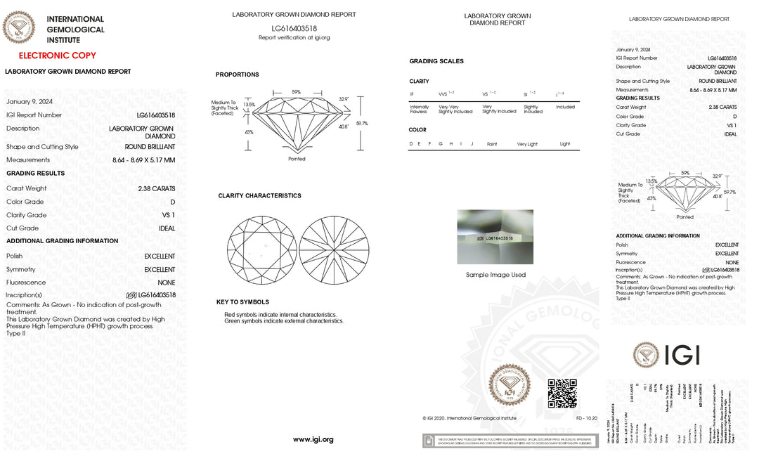 IGI Certified 2.38 Carat Round Lab-Grown Diamond - VS1 Clarity, D Color, Excellent Cut