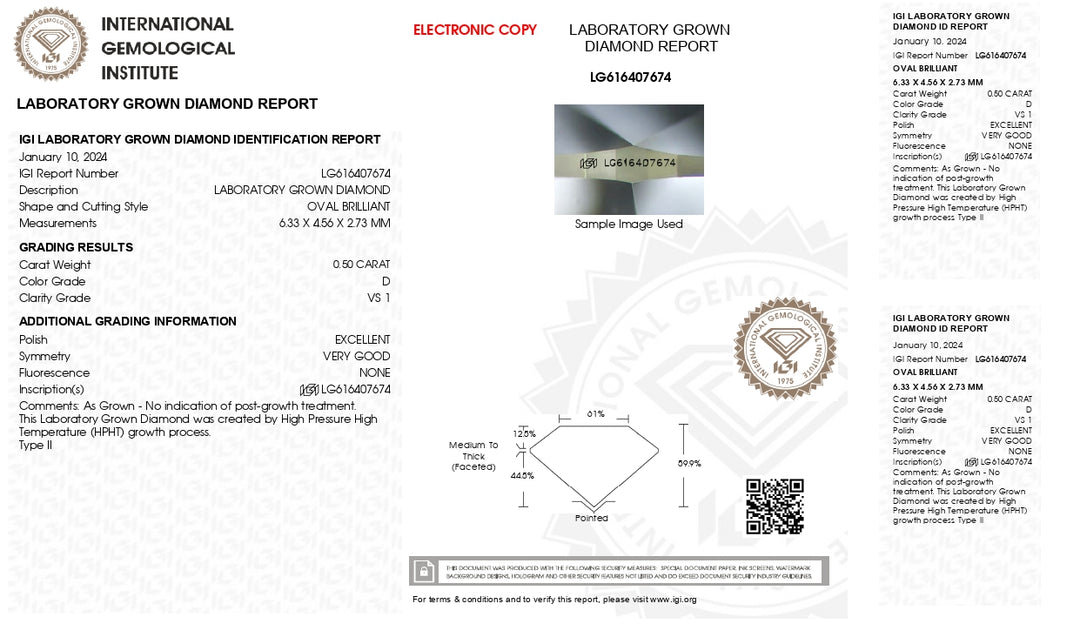 IGI Certified 0.50 CT Oval Cut Lab Grown Diamond - D Color, VS1 Clarity