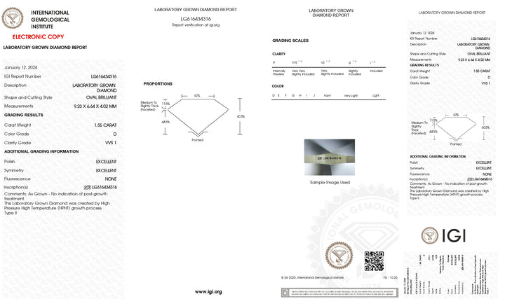 Diamant cultivé en laboratoire de 1,55 CT de taille ovale certifié IGI – Clarté VVS1, couleur D, excellente coupe